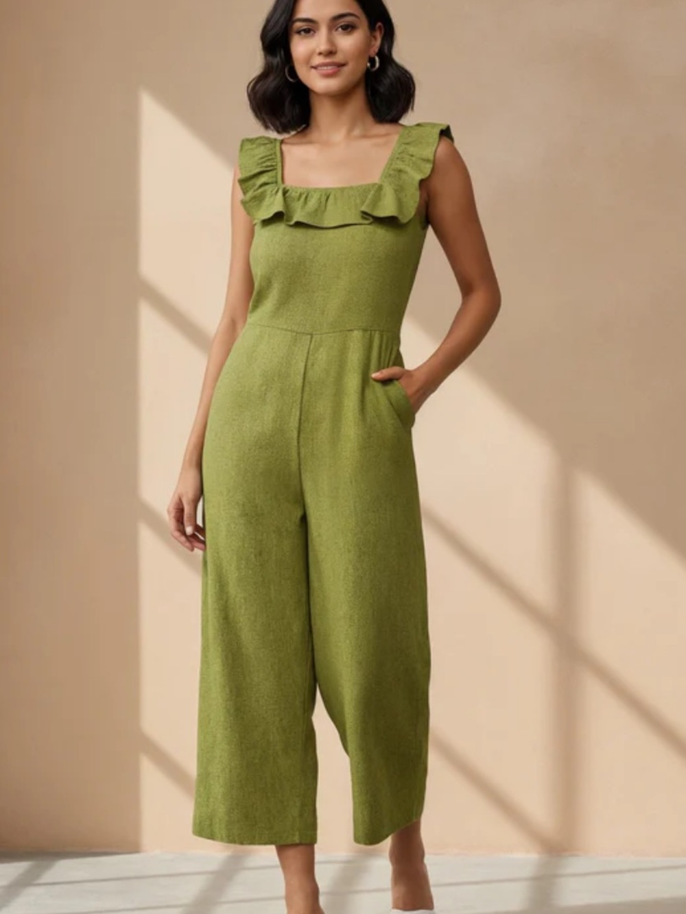 Japna Olive Green Ruffle Neck Jumpsuit NWT